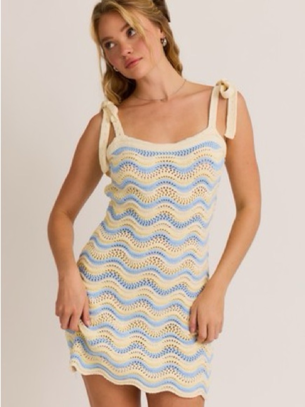 Tie-Shoulder Knit Dress in Yellow and Light Blue